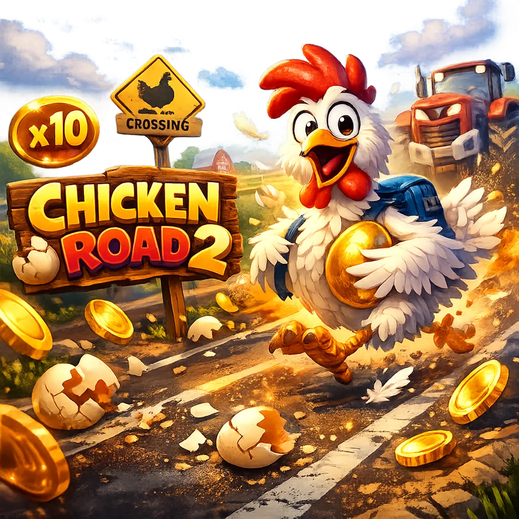 Dynamic promo image for Chicken Road featuring a funny chicken crossing road lanes with coins and feathers.