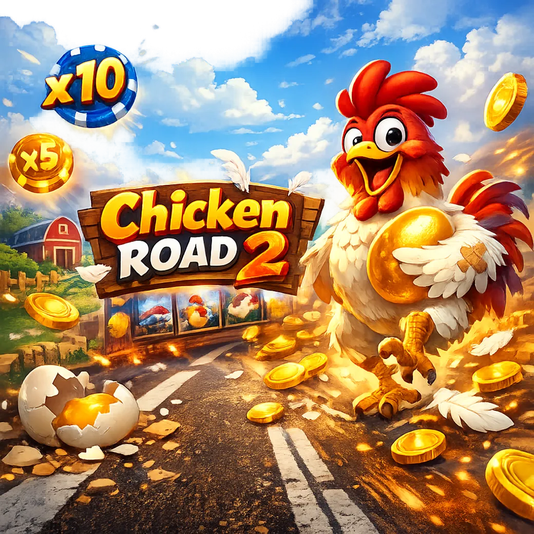A promotional image for Chicken Road slot featuring a humorous chicken with road lanes, eggs, and coins in dynamic bright col
