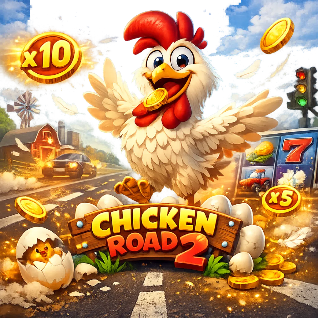 Promotional image for Chicken Road slot game featuring funny chickens, road lanes, and bright colors.