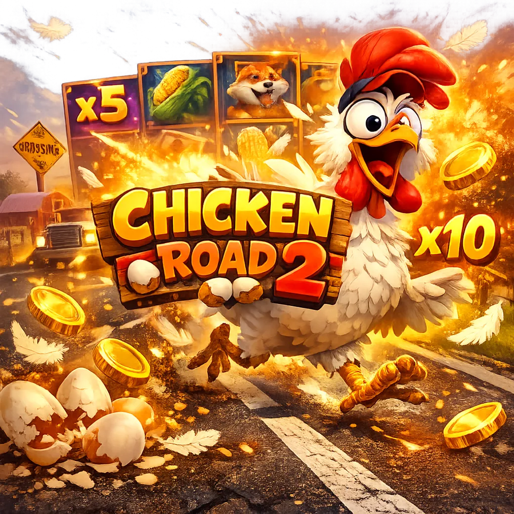 Bright and dynamic promotional image for Chicken Road slot featuring a funny chicken, road lanes, eggs, and coins.